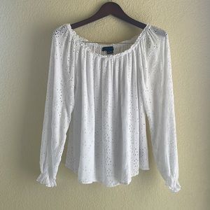 White long sleeve blouse with elastic neckline